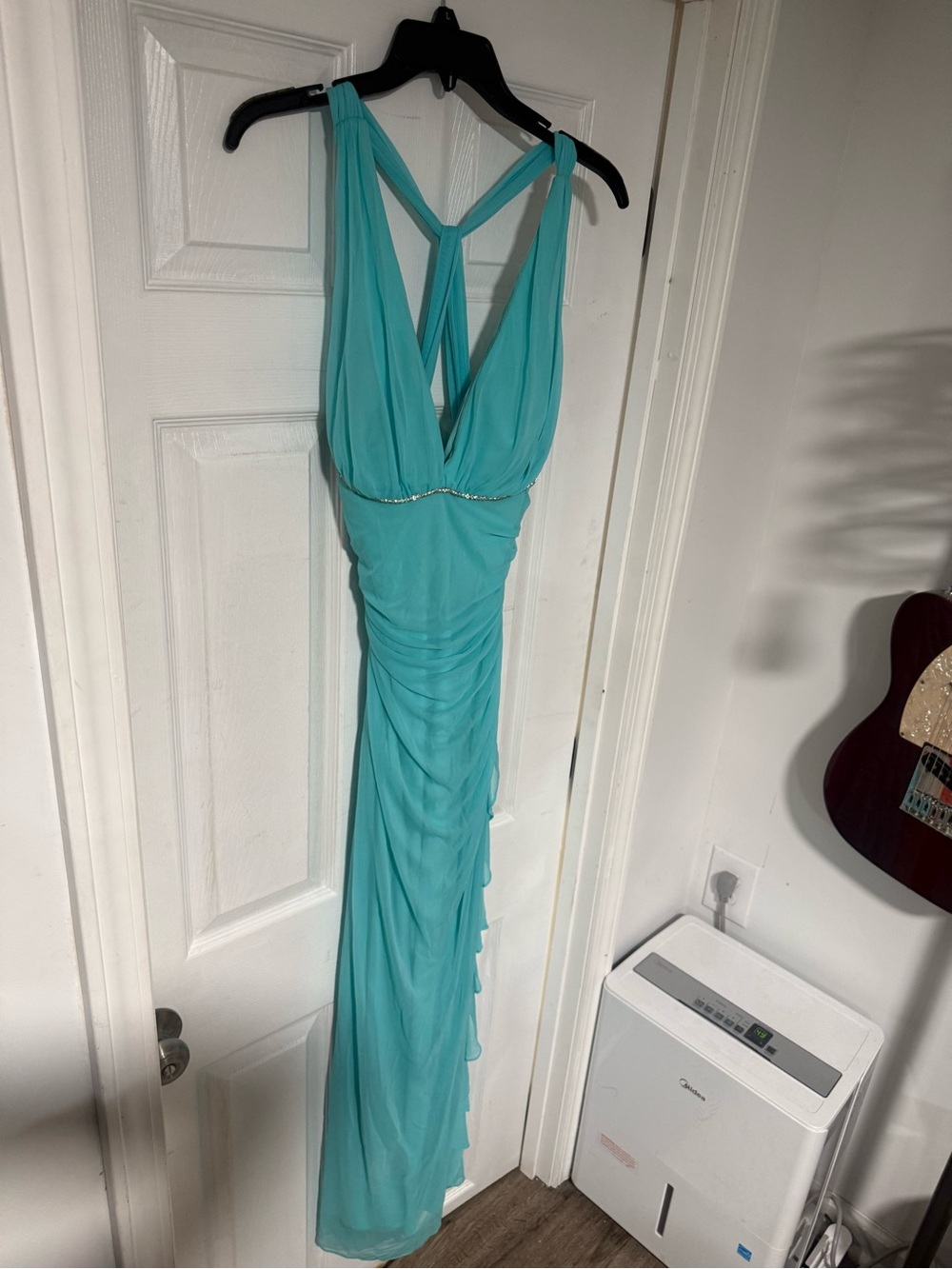 Y2K  Turquoise Halter Evening Dress size 4 / rhinestone accents / racer back
